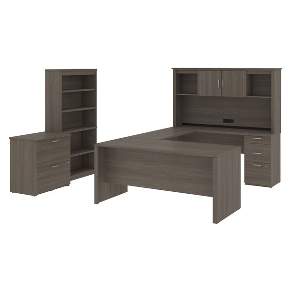 Bestar Logan 66W U-Shaped Desk with Hutch, Lateral File Cabinet, and Bookcase in bark grey